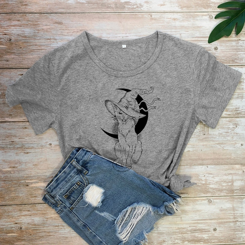 Celestial Moon Cat Witch T-shirt