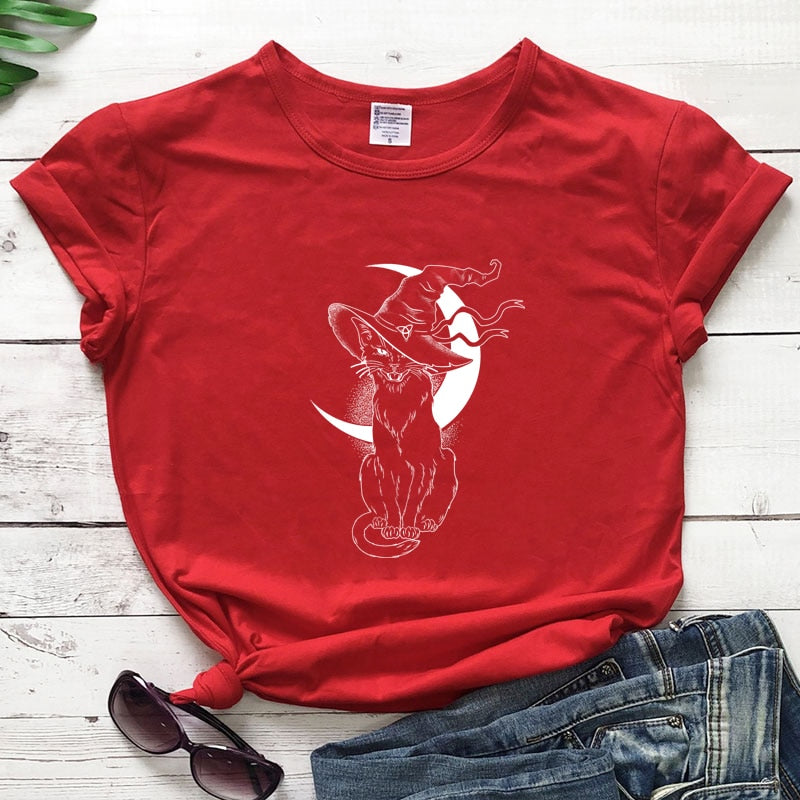 Celestial Moon Cat Witch T-shirt