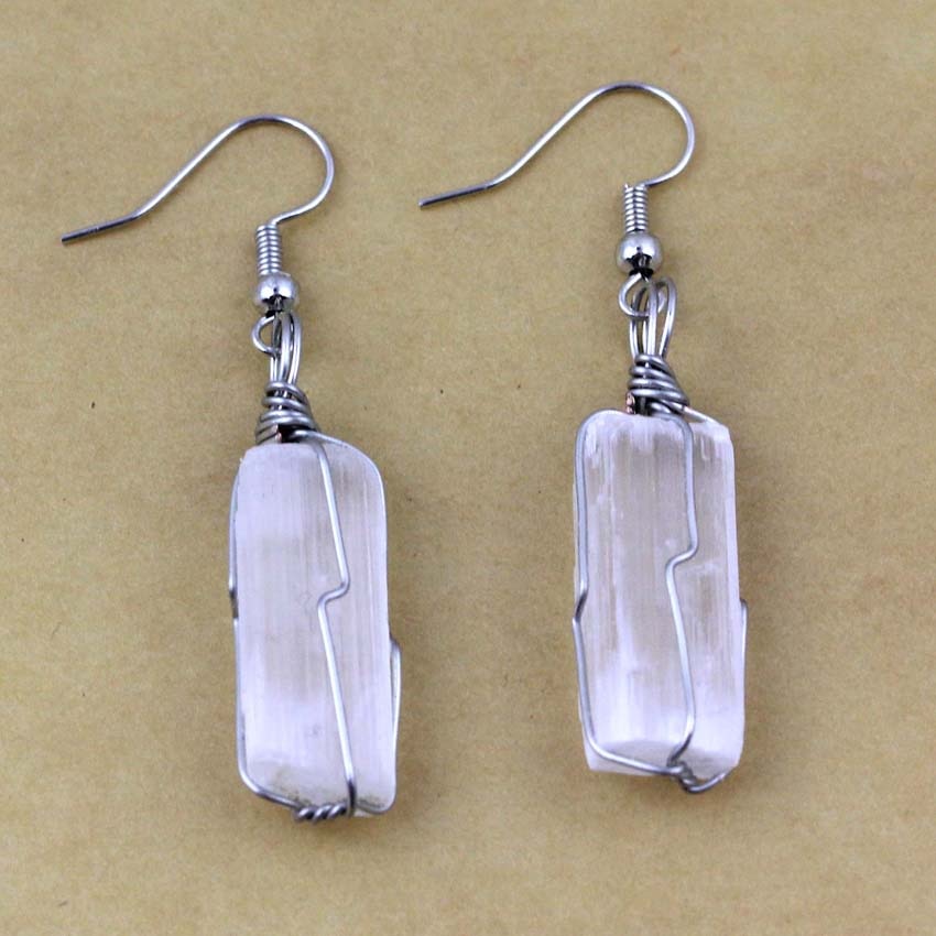 Raw Selenite Dangle Hook Earring