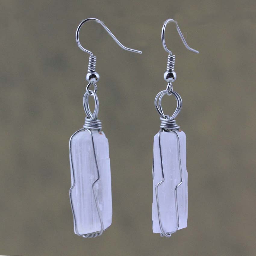 Raw Selenite Dangle Hook Earring