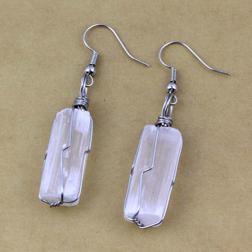 Raw Selenite Dangle Hook Earring