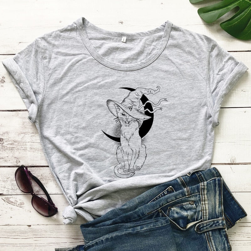 Celestial Moon Cat Witch T-shirt