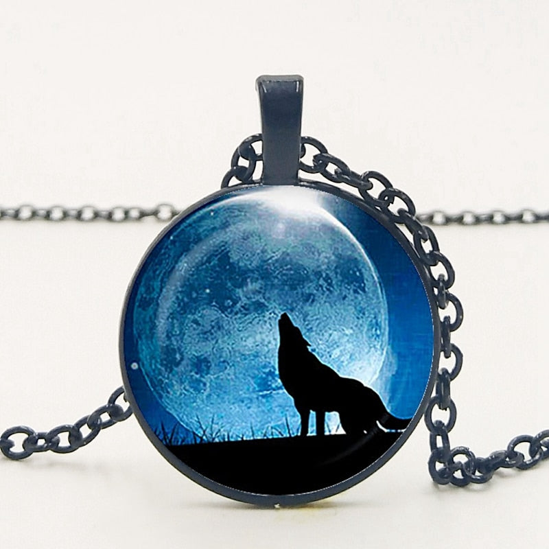 Glass Wolf Cabochon Dark Necklace