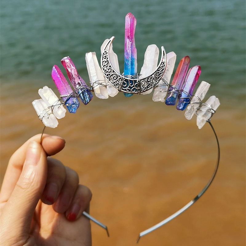 Natural Crystal Witch Crown Hair Accessories Multicolored Crystal Headwear Moon Bridal Headband Handmade Fashion Jewelry Gifts