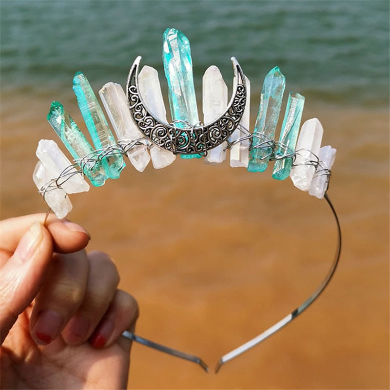 Natural Crystal Witch Crown Hair Accessories Multicolored Crystal Headwear Moon Bridal Headband Handmade Fashion Jewelry Gifts