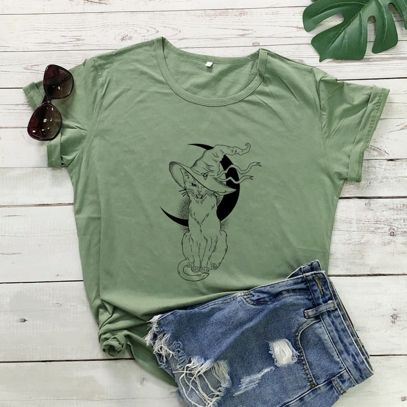 Celestial Moon Cat Witch T-shirt