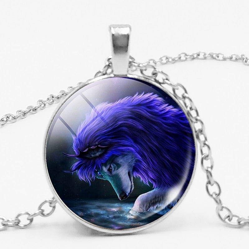 Glass Wolf Cabochon Dark Necklace