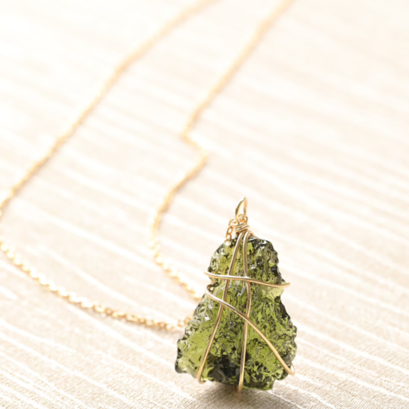 Natural Raw Moldavite Pendant Czech Meteorite Necklace with Goldtone Wire Wrap Irregular Crystals Certified 100% Real Moldavite