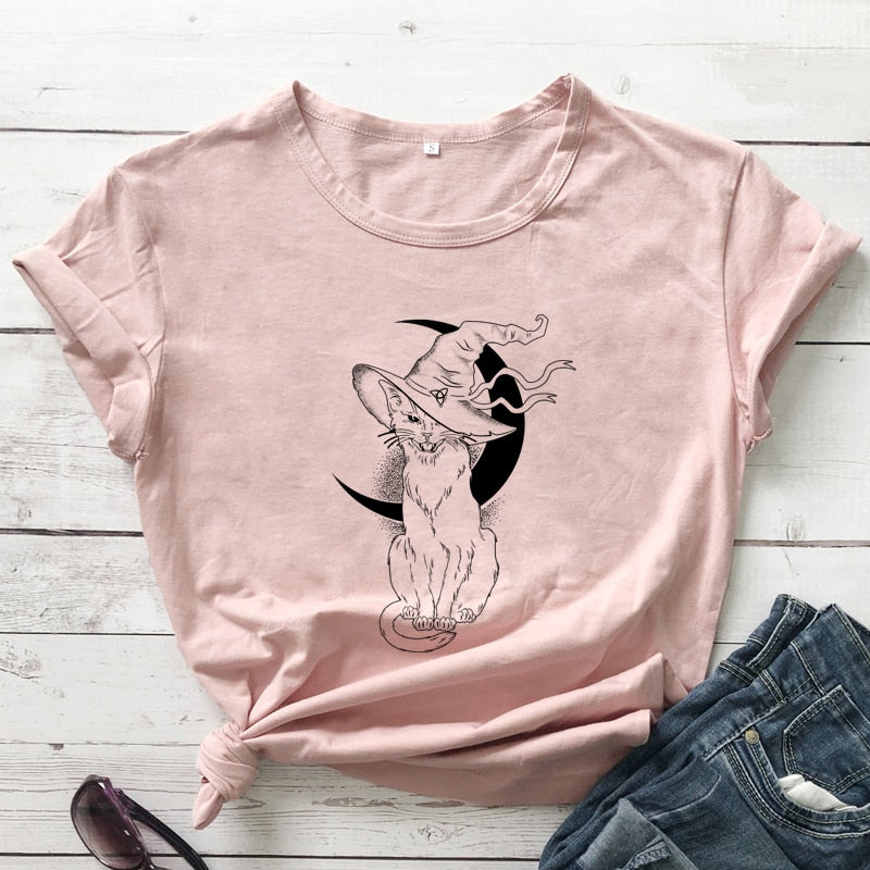 Celestial Moon Cat Witch T-shirt