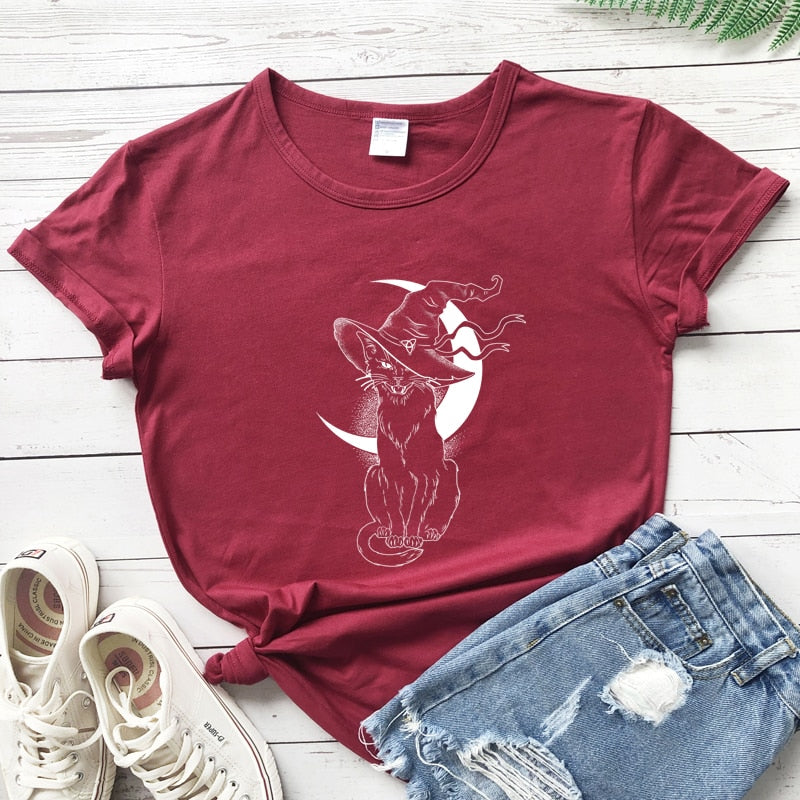 Celestial Moon Cat Witch T-shirt