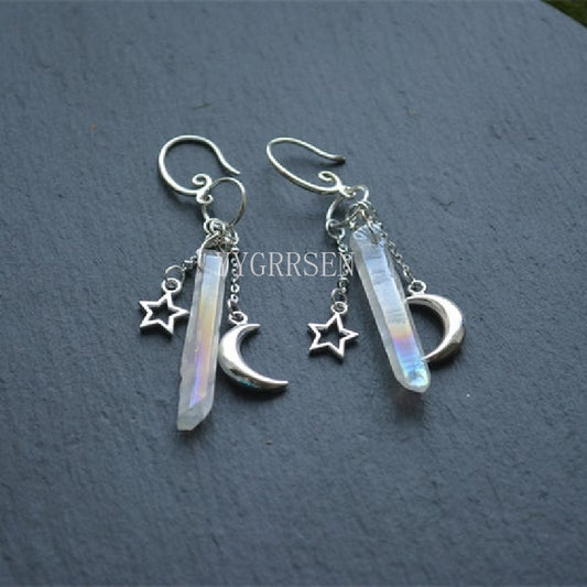 Witch Raw Crystal with Moon and Stars Earrings