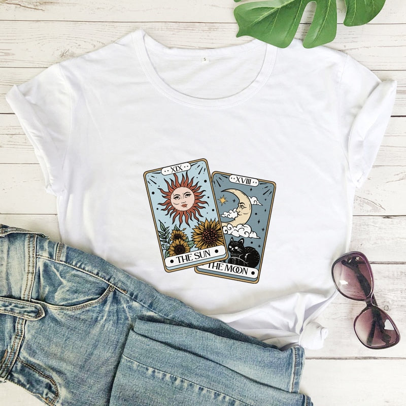 the sun the moon tarot card Colored T-shirt retro women short sleeve graphic witch nature tee shirt top