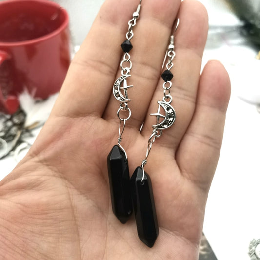 Witch Obsidian Crystal Crescent Earrings