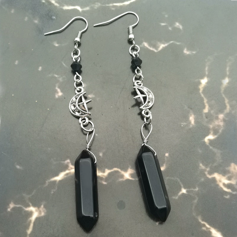 Witch Obsidian Crystal Crescent Earrings