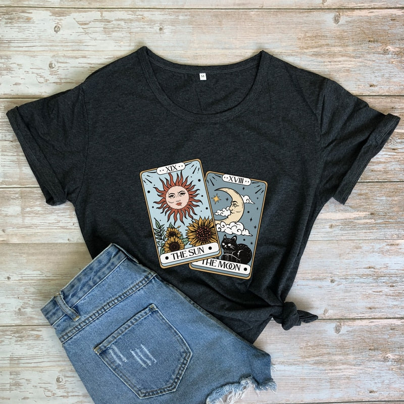 the sun the moon tarot card Colored T-shirt retro women short sleeve graphic witch nature tee shirt top