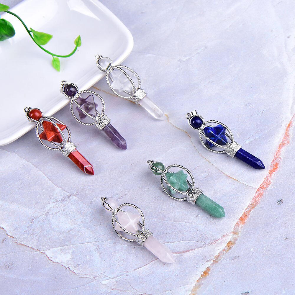 Natural Crystal Merkaba PendulumFashion Rose Quartz Lazuli Pendant Crystal Wand Colourful chain Wicca For Men Women Jewelry gift