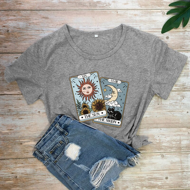 the sun the moon tarot card Colored T-shirt retro women short sleeve graphic witch nature tee shirt top