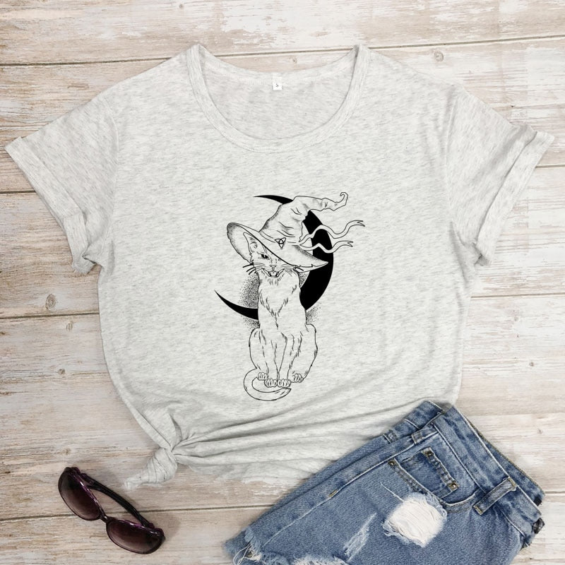 Celestial Moon Cat Witch T-shirt