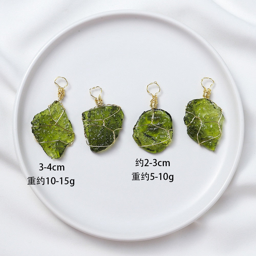 Natural Raw Moldavite Pendant Czech Meteorite Necklace with Goldtone Wire Wrap Irregular Crystals Certified 100% Real Moldavite