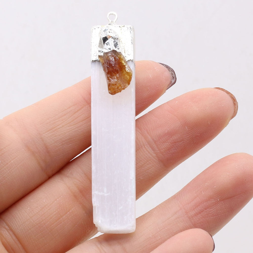 Natural Selenite Plaster Pendant Black Tourmaline Rock Mineral Reiki Healing Energy Stone Amethyst Charms DIY Necklace Making