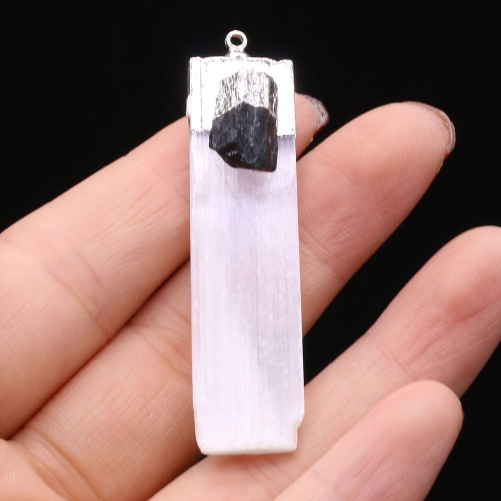 Natural Selenite Plaster Pendant Black Tourmaline Rock Mineral Reiki Healing Energy Stone Amethyst Charms DIY Necklace Making