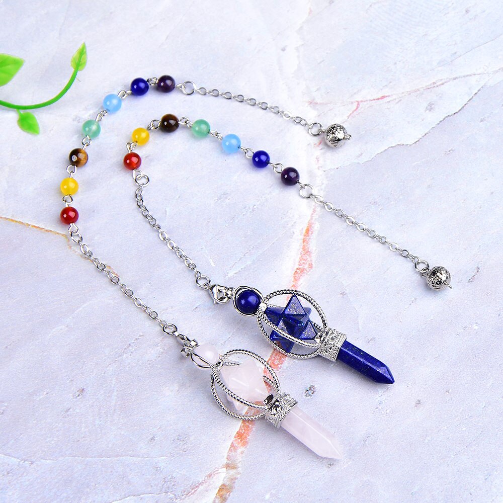 Natural Crystal Merkaba PendulumFashion Rose Quartz Lazuli Pendant Crystal Wand Colourful chain Wicca For Men Women Jewelry gift