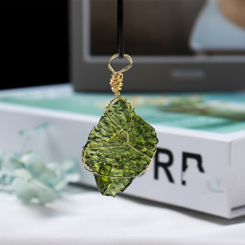 Natural Raw Moldavite Pendant Czech Meteorite Necklace with Goldtone Wire Wrap Irregular Crystals Certified 100% Real Moldavite