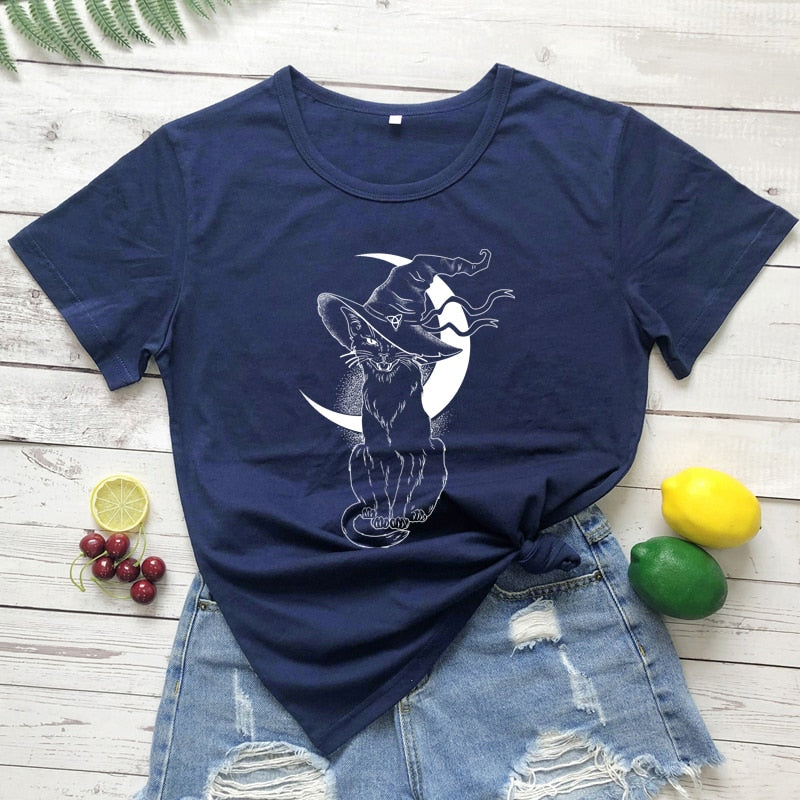 Celestial Moon Cat Witch T-shirt