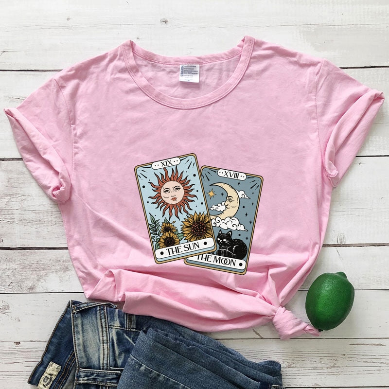 the sun the moon tarot card Colored T-shirt retro women short sleeve graphic witch nature tee shirt top