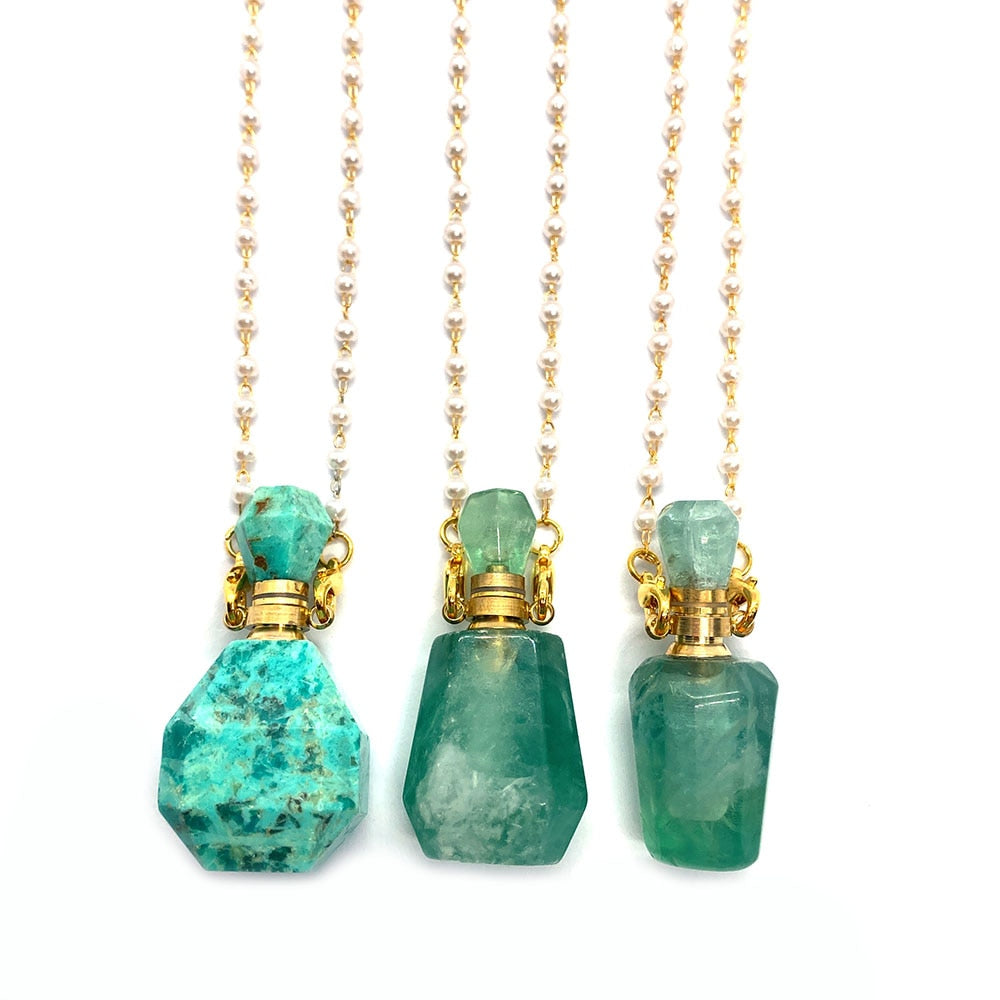 Natural Stone Green Fluorite Perfume Bottle Fashion Necklace Turquoise Two-hole Pendant Aromatherapy Bottle Essential Oil Bottle