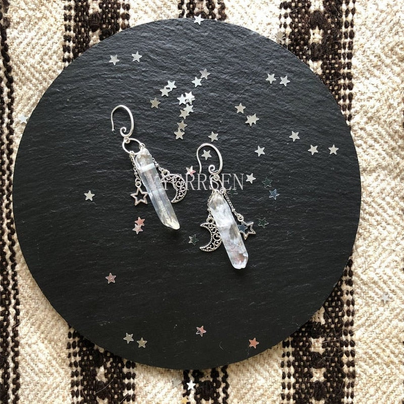 Witch Raw Crystal with Moon and Stars Earrings