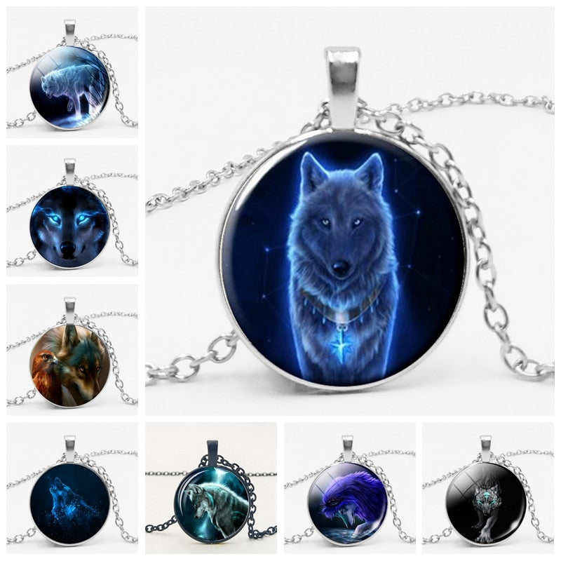 Glass Wolf Cabochon Dark Necklace