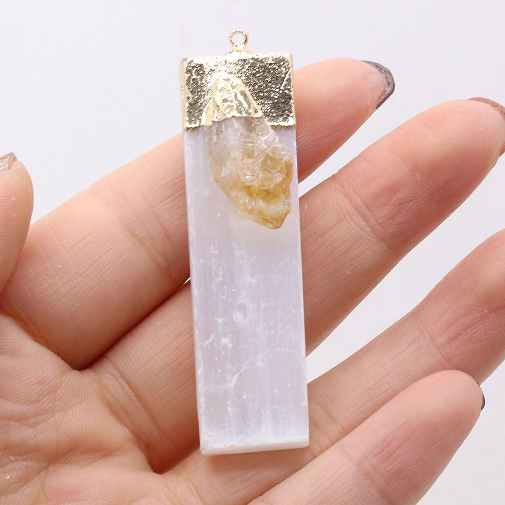 Natural Selenite Plaster Pendant Black Tourmaline Rock Mineral Reiki Healing Energy Stone Amethyst Charms DIY Necklace Making