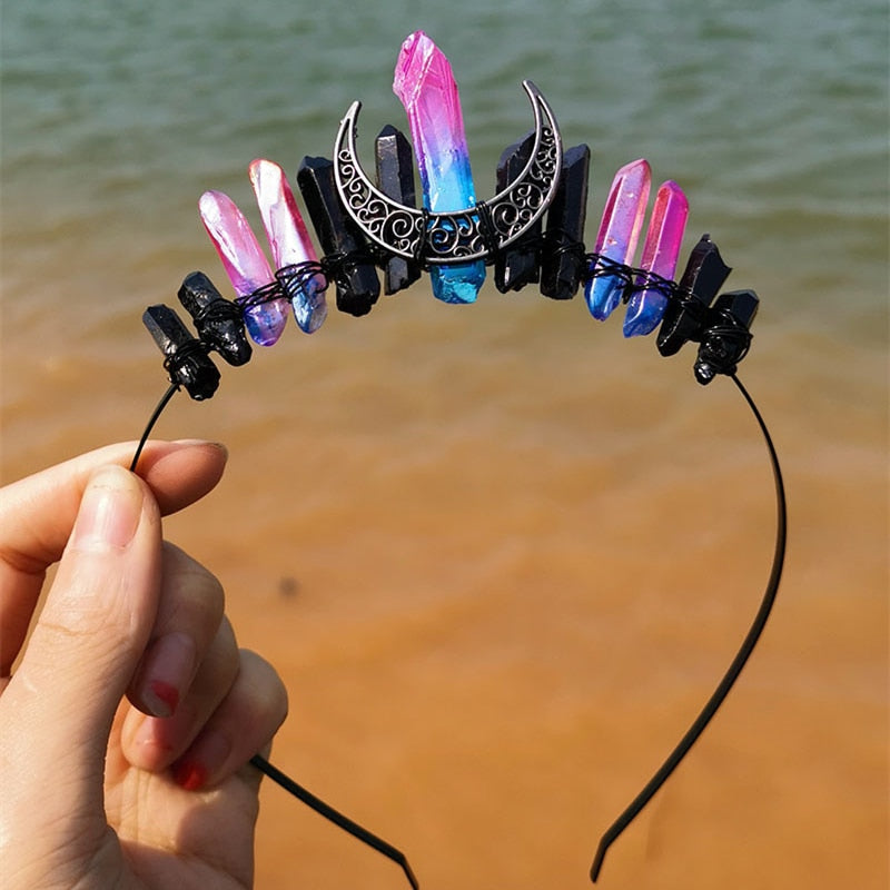 Natural Crystal Witch Crown Hair Accessories Multicolored Crystal Headwear Moon Bridal Headband Handmade Fashion Jewelry Gifts