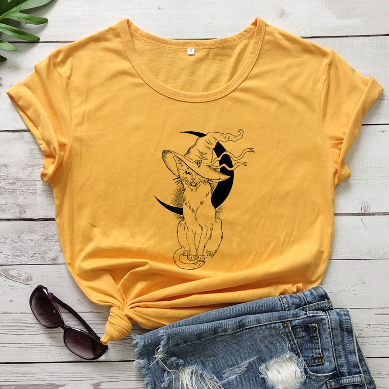 Celestial Moon Cat Witch T-shirt