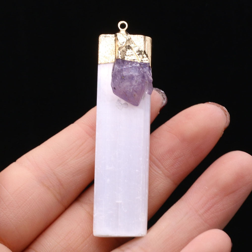 Natural Selenite Plaster Pendant Black Tourmaline Rock Mineral Reiki Healing Energy Stone Amethyst Charms DIY Necklace Making