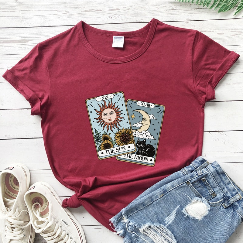 the sun the moon tarot card Colored T-shirt retro women short sleeve graphic witch nature tee shirt top