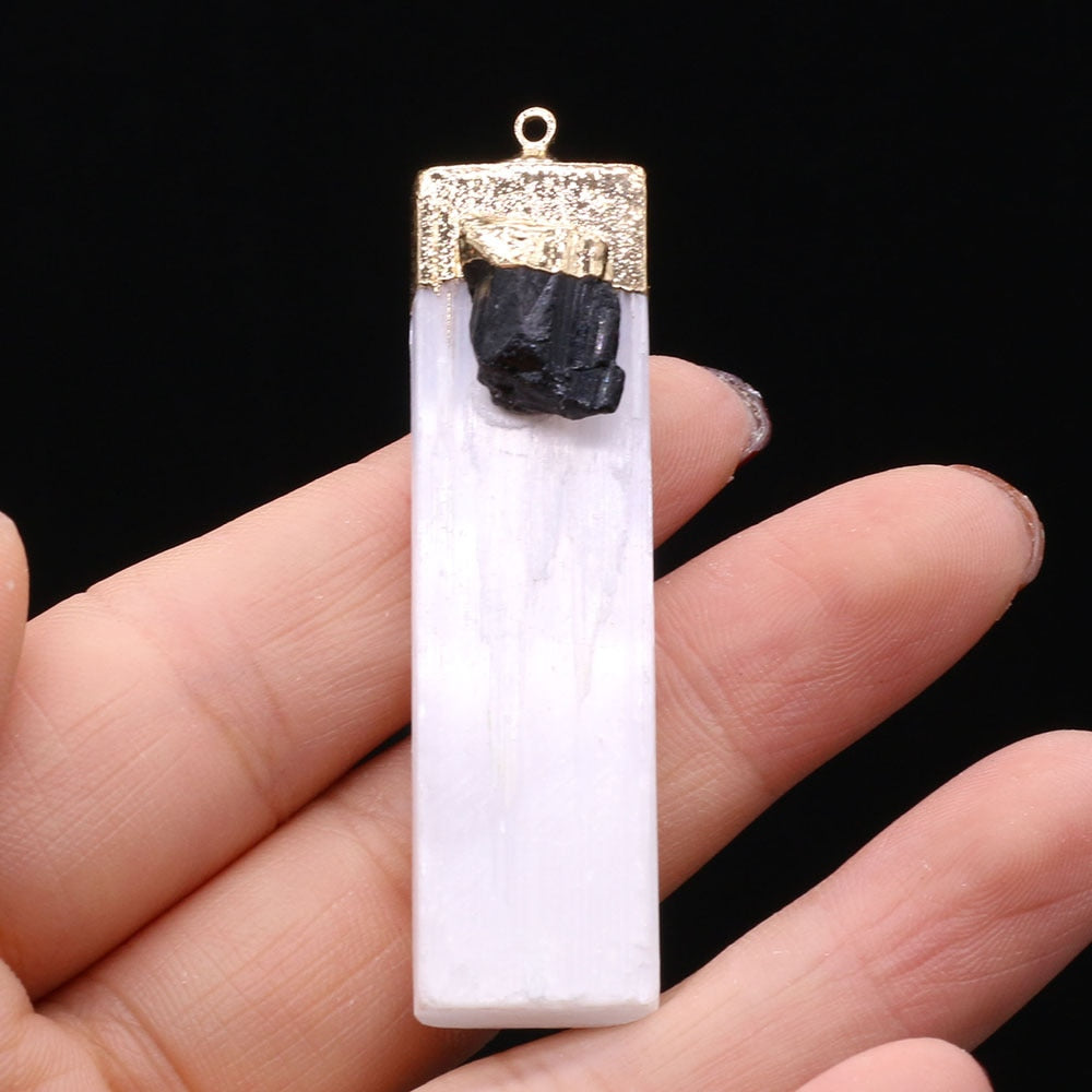 Natural Selenite Plaster Pendant Black Tourmaline Rock Mineral Reiki Healing Energy Stone Amethyst Charms DIY Necklace Making