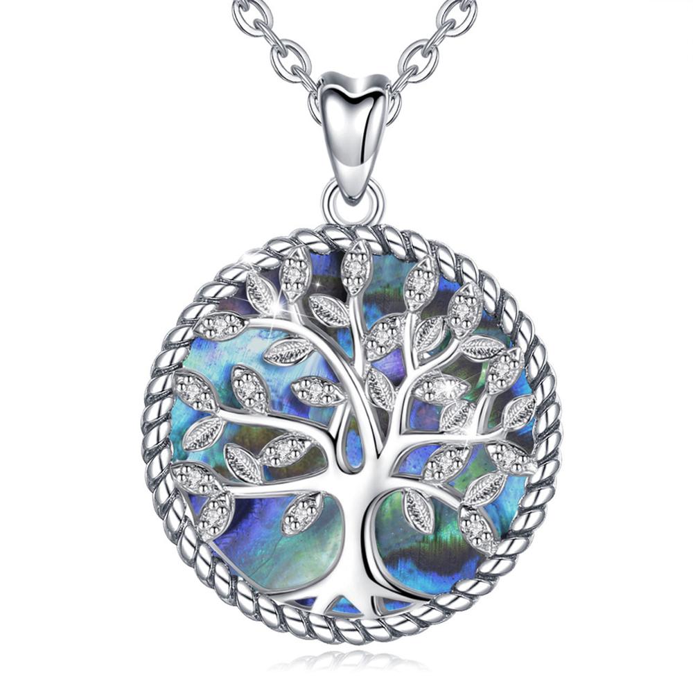 Sterling Silver Tree Of Life Pendant Crystal Leaf Blue Mother of Pearl Necklace