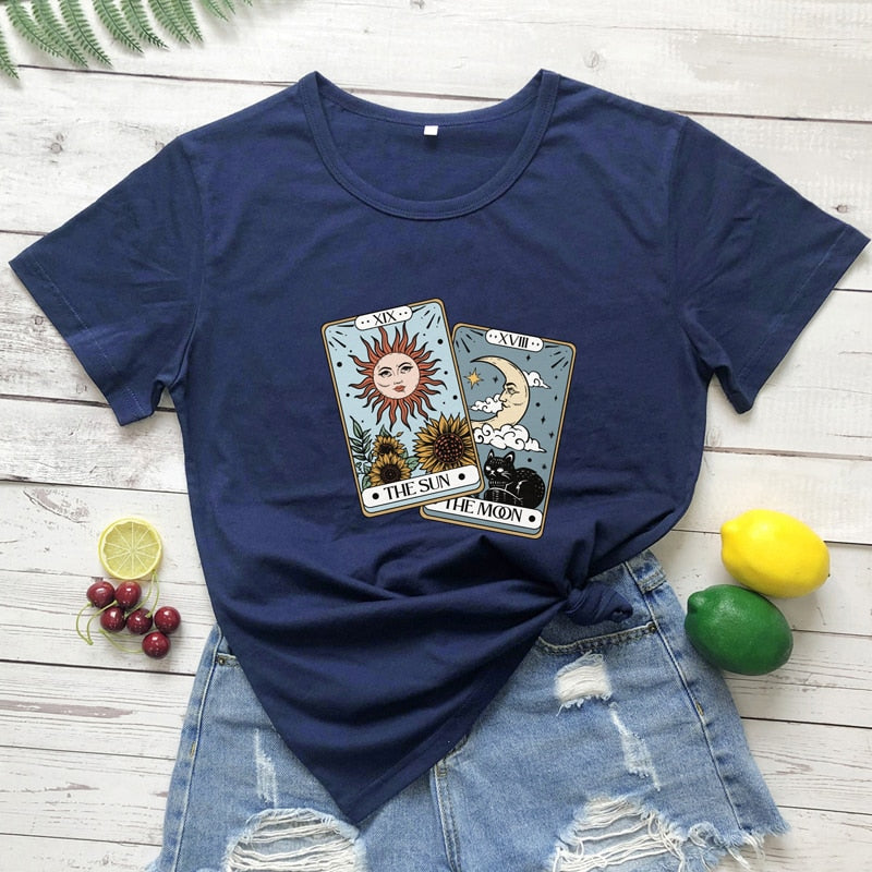 the sun the moon tarot card Colored T-shirt retro women short sleeve graphic witch nature tee shirt top