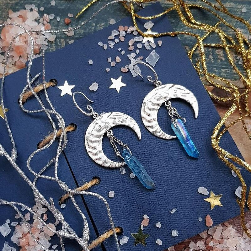 Witch Raw Crystal with Moon and Stars Earrings