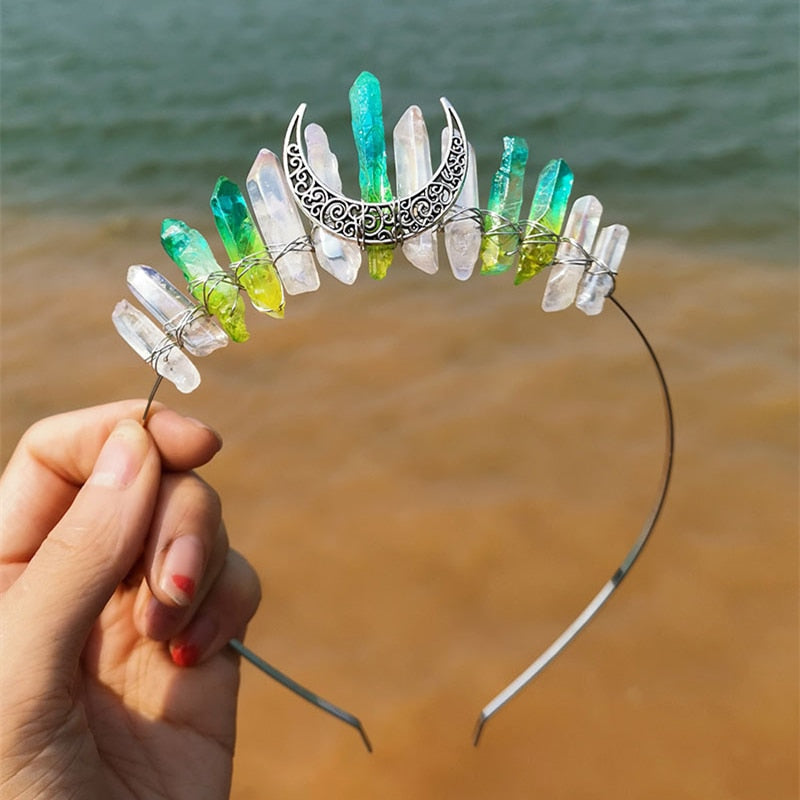 Natural Crystal Witch Crown Hair Accessories Multicolored Crystal Headwear Moon Bridal Headband Handmade Fashion Jewelry Gifts