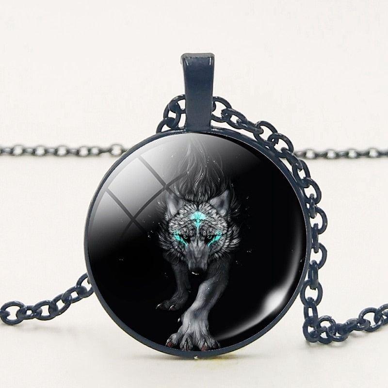 Glass Wolf Cabochon Dark Necklace