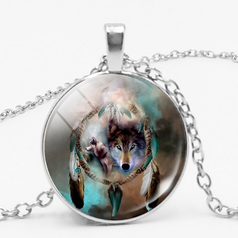 Glass Wolf Cabochon Dark Necklace