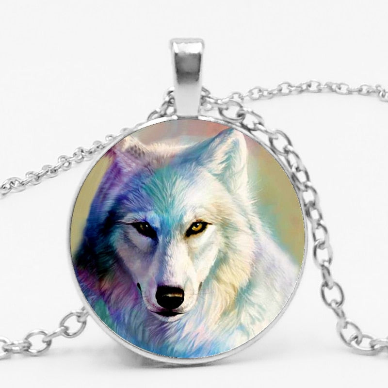 Glass Wolf Cabochon Dark Necklace