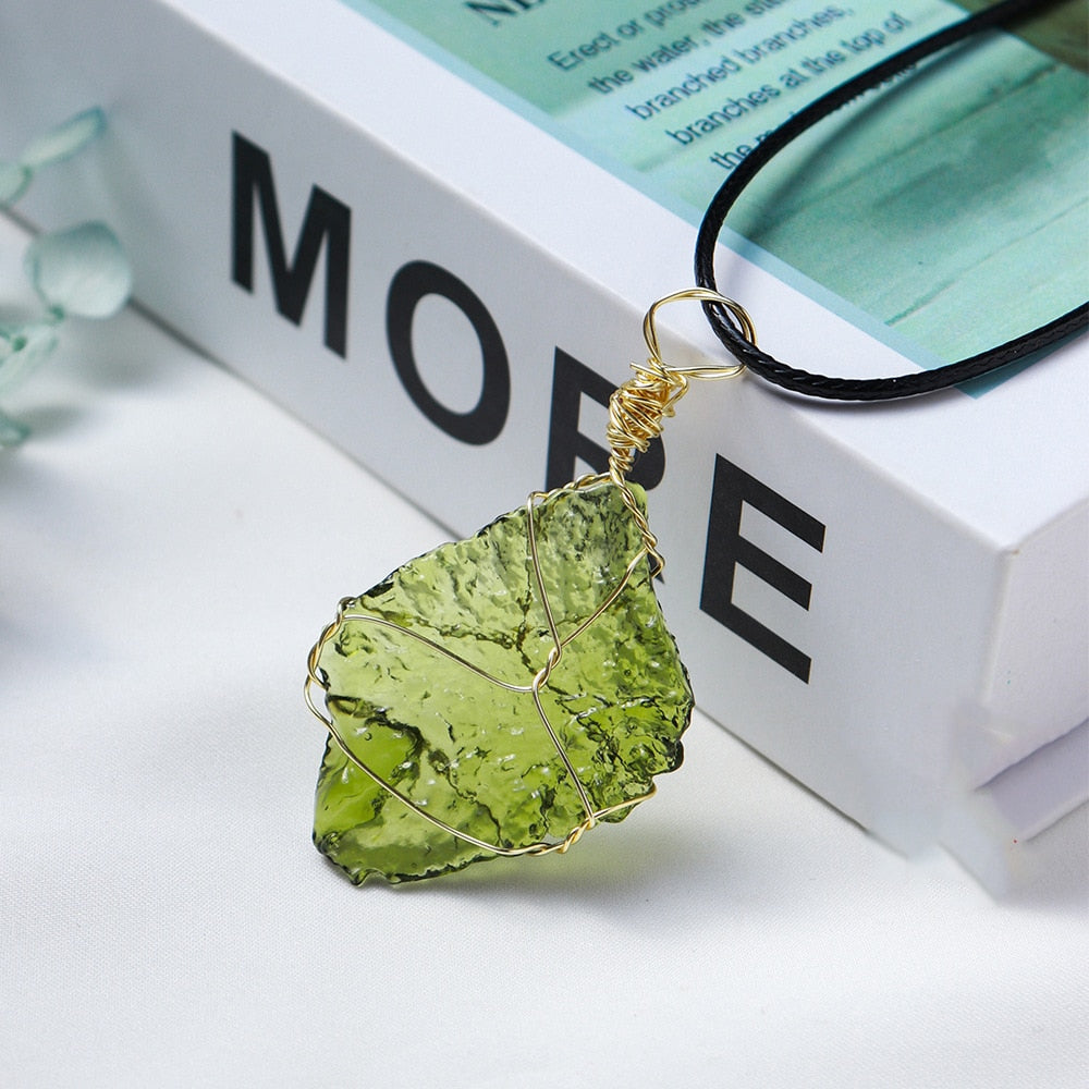 Natural Raw Moldavite Pendant Czech Meteorite Necklace with Goldtone Wire Wrap Irregular Crystals Certified 100% Real Moldavite