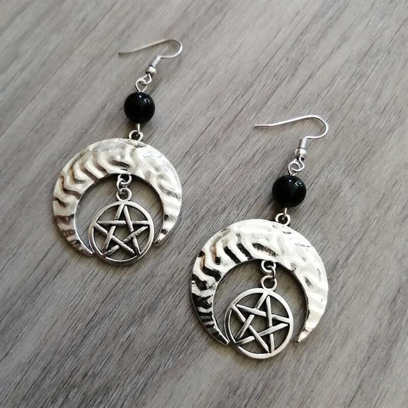 Witch Raw Crystal with Moon and Stars Earrings