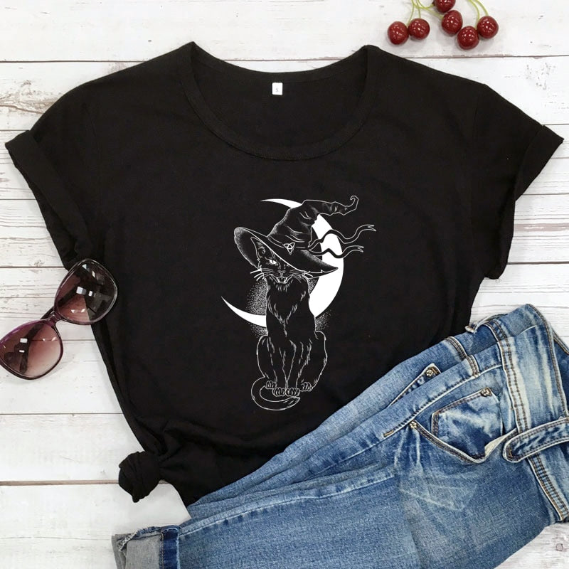 Celestial Moon Cat Witch T-shirt