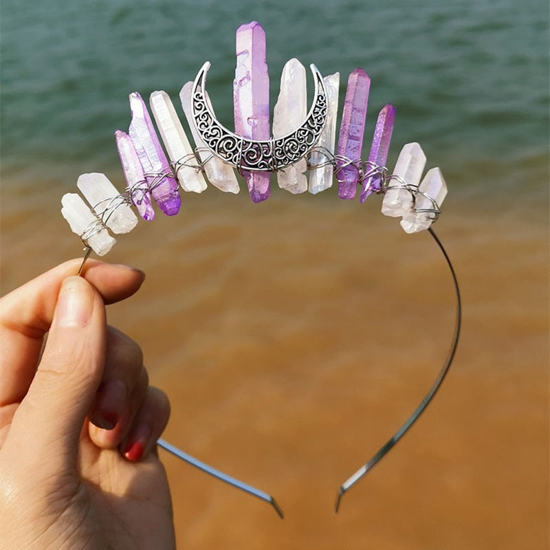 Natural Crystal Witch Crown Hair Accessories Multicolored Crystal Headwear Moon Bridal Headband Handmade Fashion Jewelry Gifts