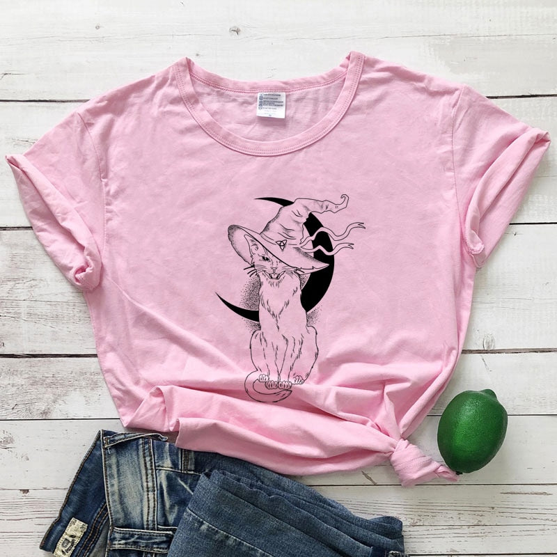 Celestial Moon Cat Witch T-shirt